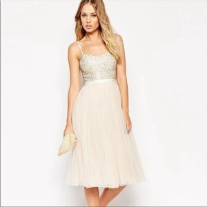 Needle and Thread champagne midi beaded tulle dress